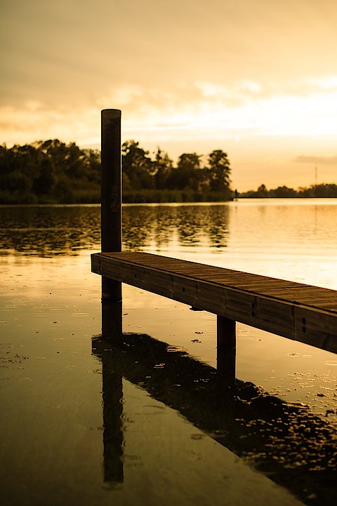 Ausschnitt eines Holzsteges an einem nat&uuml;rlichen Wasser, in goldenes Licht getaucht, feine Regentropfen erkennbar.