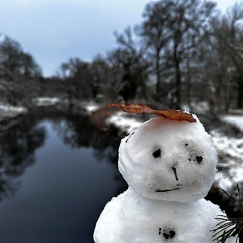 Schneemann vor einem Fluss. Am Ufer sind B&auml;ume.