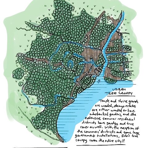 Kolorierte Zeichnung einer Stadt an einem Gewässer, mit flächiger Beschattung durch Baumkronen.