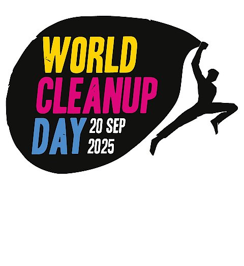Logo-Grafik des World Cleanup Day: des Welt-M&uuml;llsammel-Tags. Eine Silhouette eine dynamisch vorspringender Mannes  der am ausgestreckten Arm einen riesigen M&uuml;llsack h&auml;lt, in dem in bunten Farben steht: World Cleanup Day 20 Sep 2025