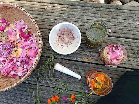 Verschiedene Bl&uuml;ten, &Ouml;lgl&auml;schen, Sch&uuml;sseln und M&ouml;rser auf einem Tisch arrangiert..