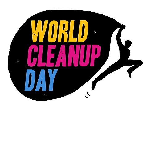 Logo-Grafik: Silhouette eines dynamisch vorspringenden Mannes einen riesigen M&uuml;llsack haltend, mit bunter Schrift "World Cleanup Day".