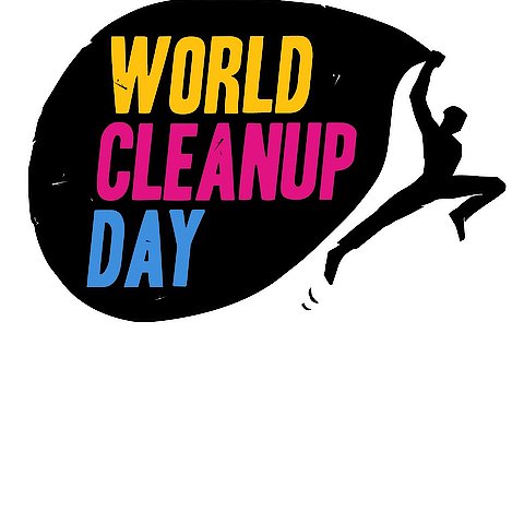 Logo-Grafik: Silhouette eines dynamisch vorspringenden Mannes einen riesigen Müllsack haltend, mit bunter Schrift "World Cleanup Day".